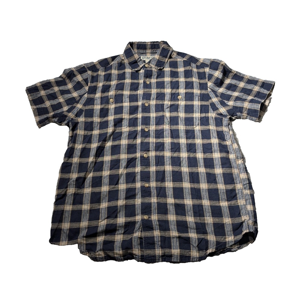 Duluth Trading Shirt Mens sz M Blue Plaid Short Sleeve Orangic Cotton Hemp Logo